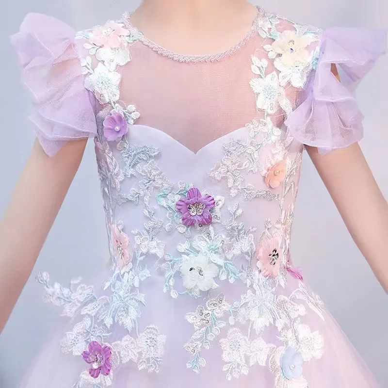 Bella ragazza viola principessa abito da ballo Appliques di pizzo perla prima comunione costumi da ballo vestito fiore 2023