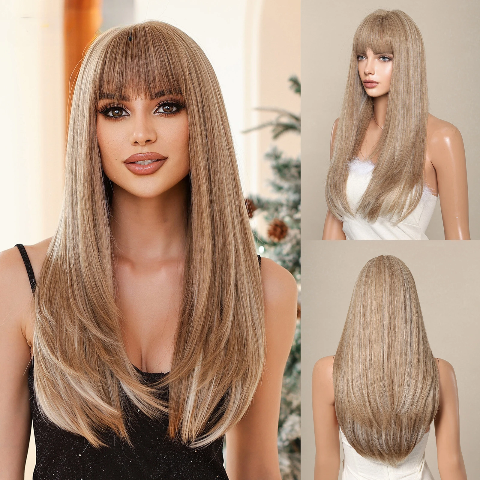 

Mixed Brown Blonde Synthetic Long Straight Layered Natural Hair Cosplay Party Bangs Women Heat Resistant Wigs