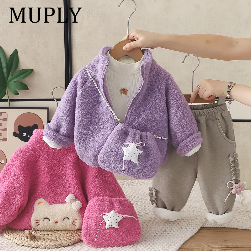 Baby Girls 3Pcs Outfit Set Fleece Zipper Jacket Crossbody Bag Bow Ruffle Pants Autumn Winter Soft Warm Kids Clothing Sets