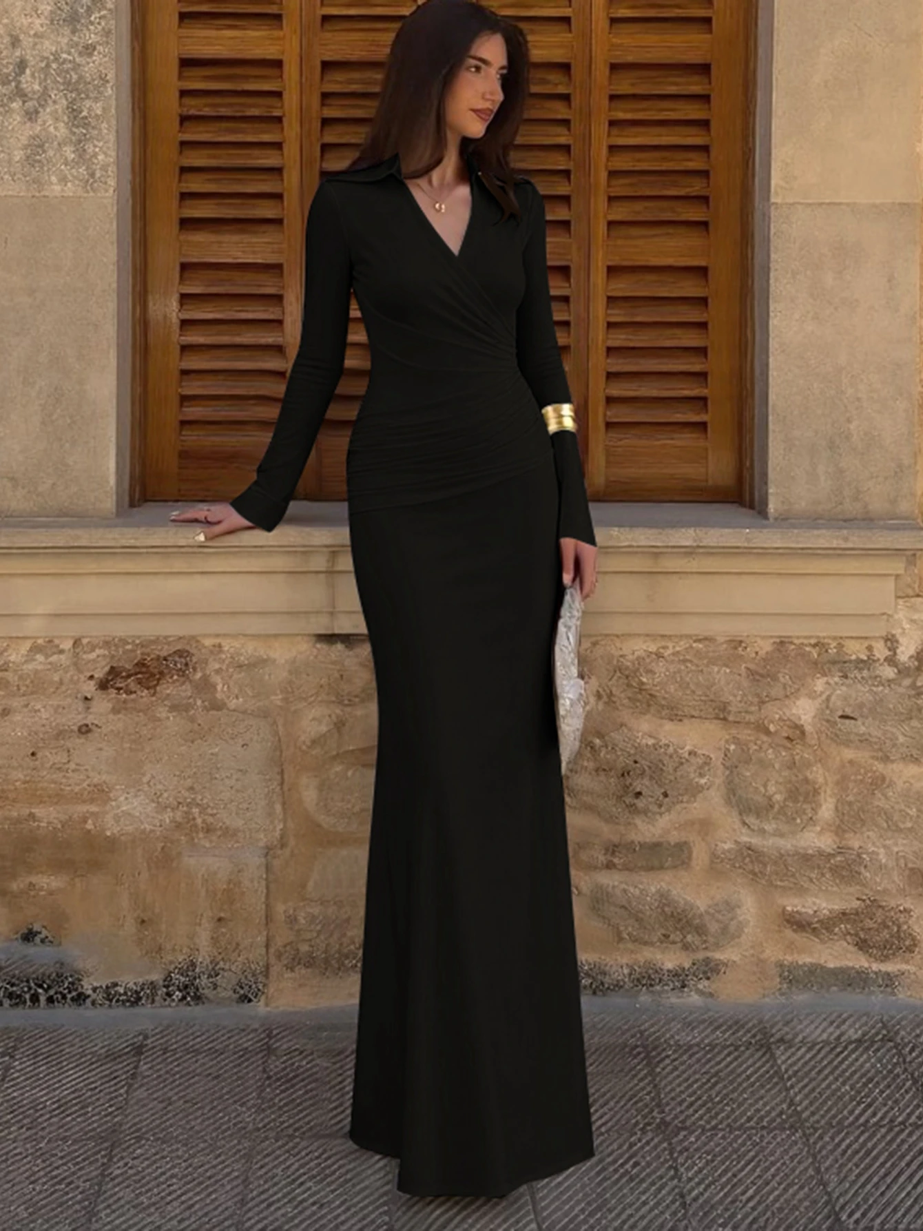 Dulzura outono mais recente moda turn-down colarinho manga longa ruched magro vestido longo feminino sexy roupas elegantes festa clube outfit