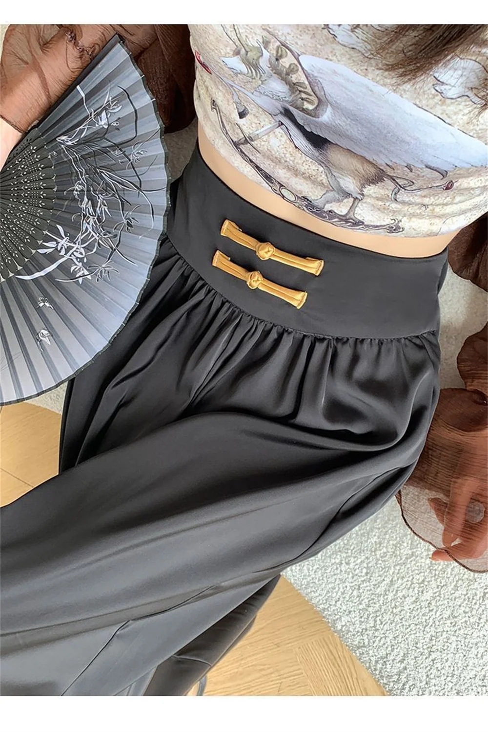 Elegant Women High Waist Wide Leg Pants Elastic Waist Buckle Flowy Palazzo Culottes Long Trousers Soft Daily Wear Fashion Loose