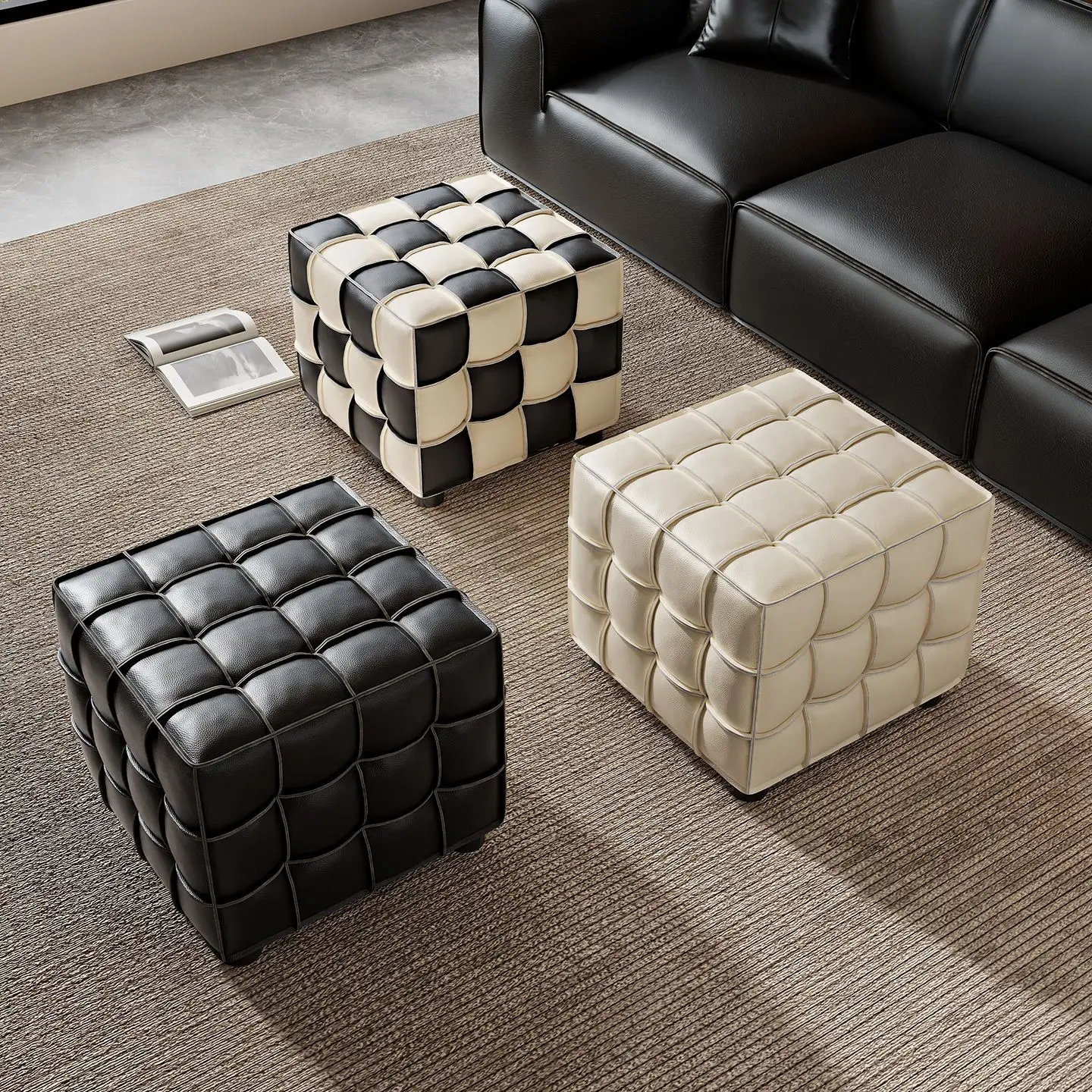 Genuine Leather Italian Rubik's Cube Sofa Foot Pedal Living Room Home Stool Foot Pedal Shoe Changing Stool Bedroom Stool