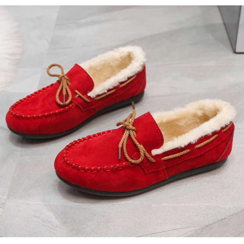 Classic Fur Flats for Women Winter Casual Slip on Round Toe Shoes for Women Warm Plush Platform Flats Plus Size