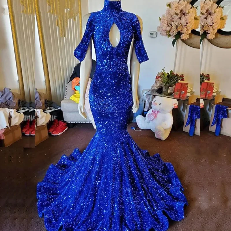 

High Collar Blue Sequined Keyhole Sexy Off the Shoulder Formal Gown Sweep Train Mermaid Prom Party Formal occasion Evening Dress