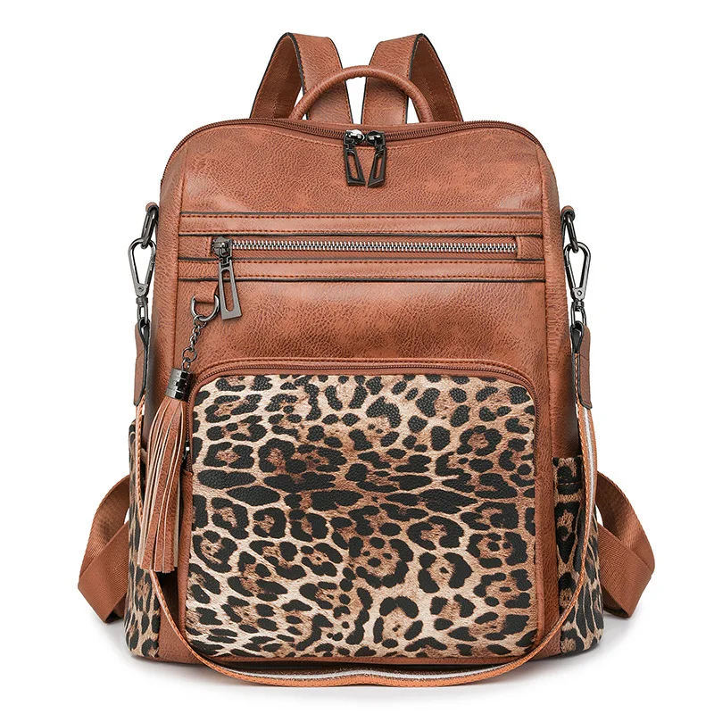 New Women Backpack Multifunction Shoulder Bags Leopard Print Contrast Color for Teenager Girls Large Capacity Women's Travel Bag