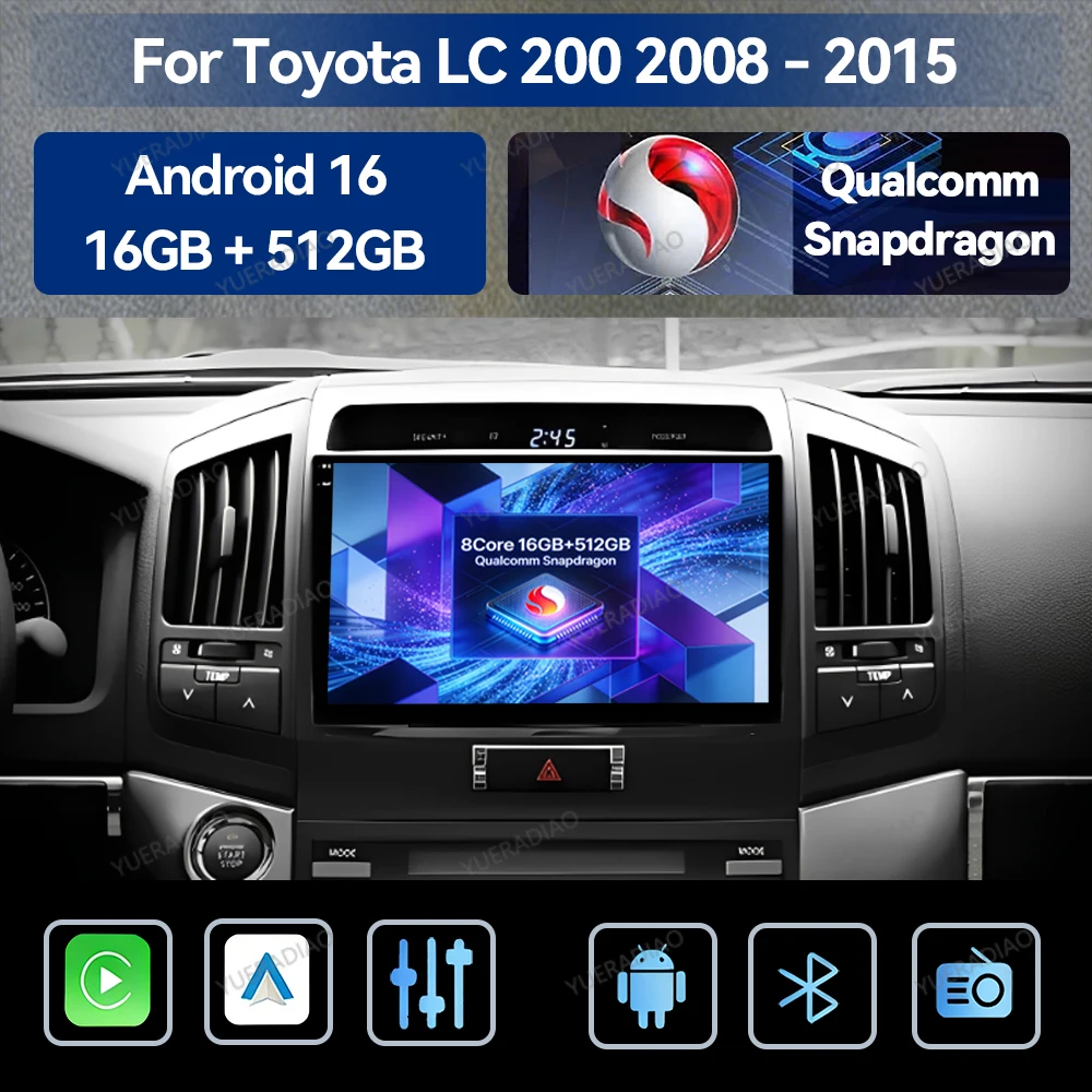 Android 16 Car Radio For Toyota Land Cruiser 11 LC 200 2008 - 2013 QLED Qualcomm Multimedia Video Player GPS NAVI Head Unit BT