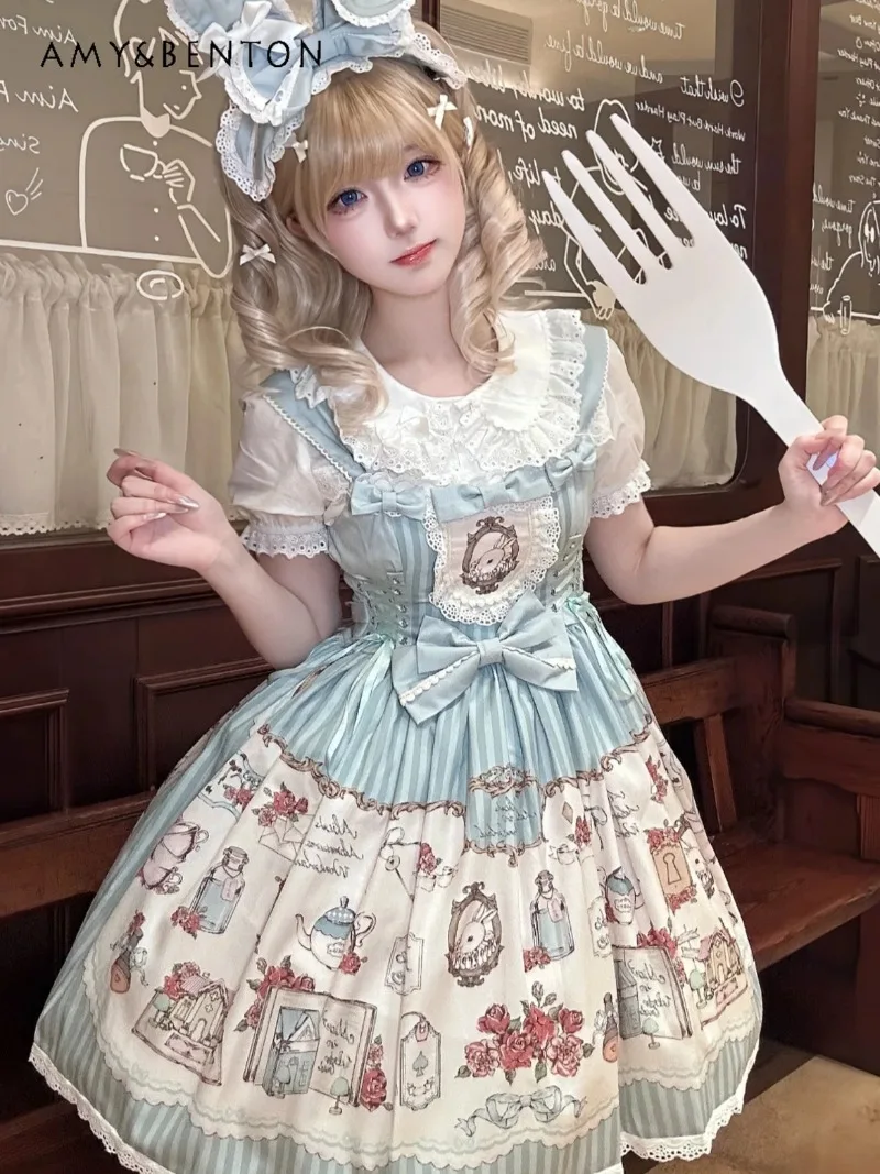 

Japanese Style Kawaii Cartoon Print Lolita Cake Dress Women Sweet Girl Bow Slim JSK Mini Dress Birthday Party Evening Dresses