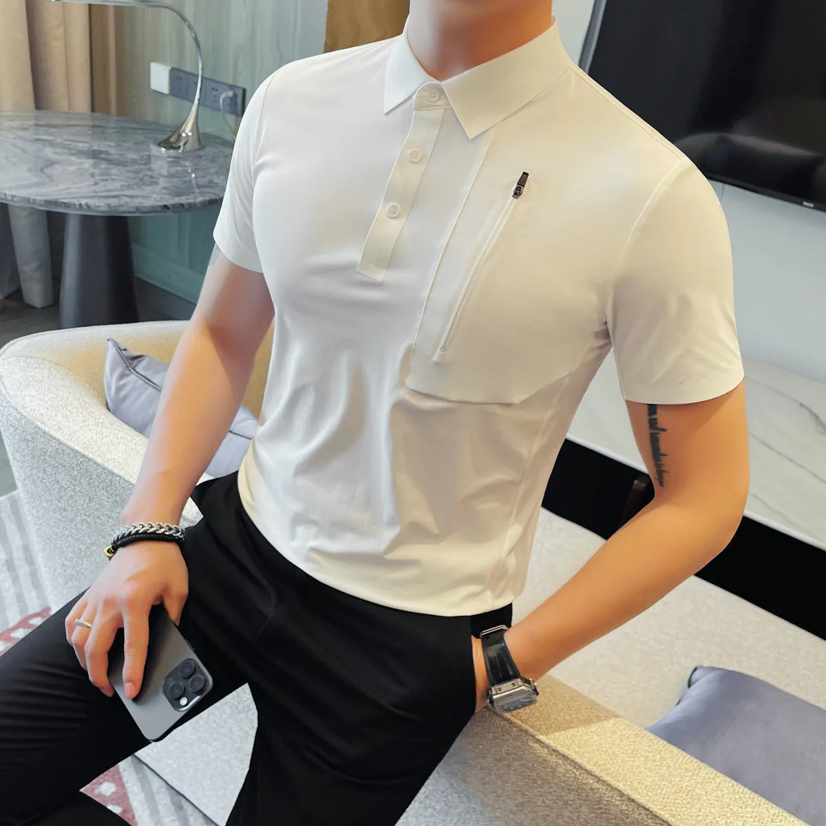 

High Quality Elastic Polo T Shirt Man Korean Zipper Decor Elegant Business Polo Shirts Men Slim Fit Short Sleeve Polos Homme 4XL