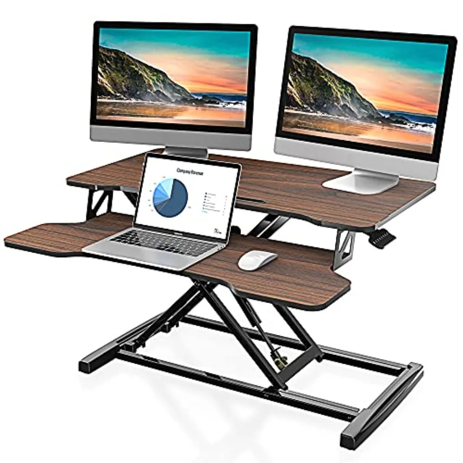 

Height Adjustable Standing Desk for Home Office Use, Engineered Wood in Brown, Smooth Dual Monitor Riser with Laptop Support, 3
