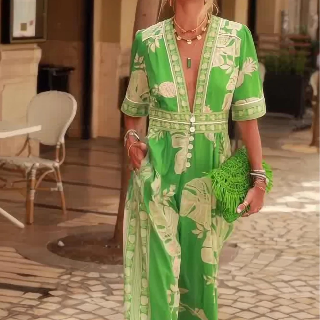 Macacão casual solto estampado feminino, peça única, gola V, macacão de manga curta, calça comprida de perna larga, macacão de emenda elegante, 2021