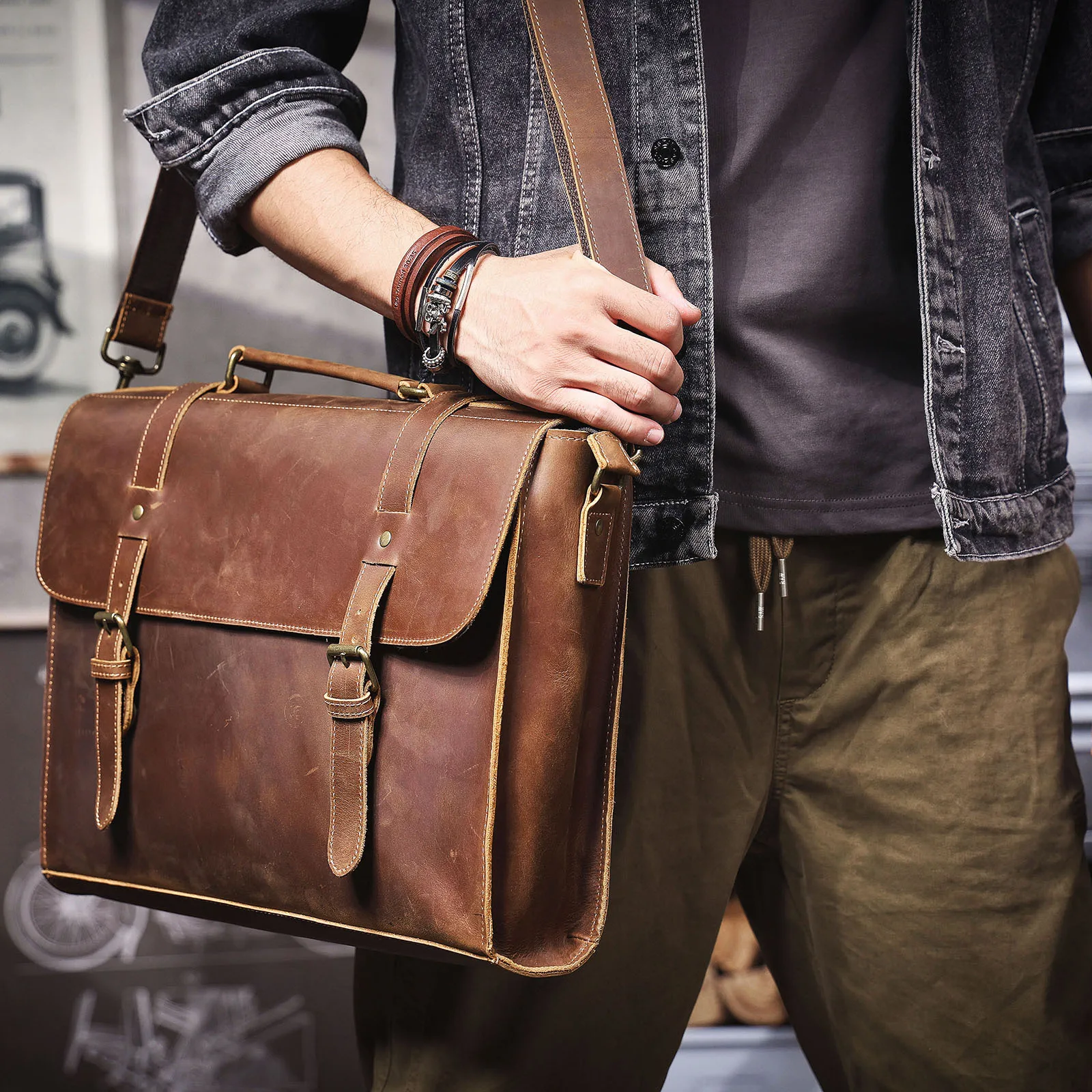 casual designer handmade first layer cowhide men's briefcase  business vintage luxury real leather 15-inch laptop handbag