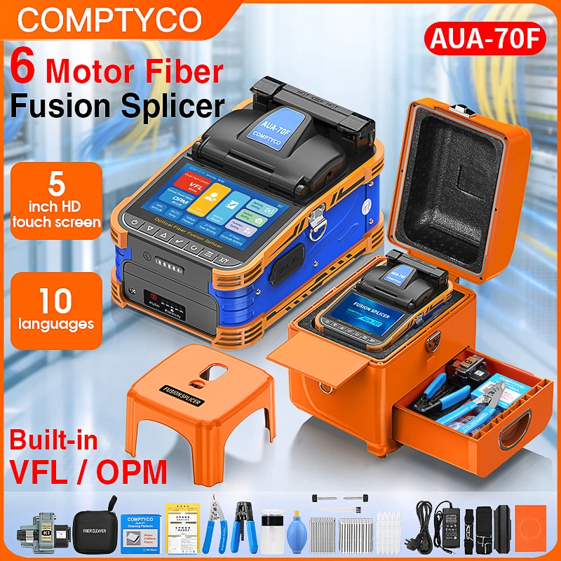 COMPTYCO AUA-70F Optical Fiber Fusion Splicer SM MM 10 Languages Touch Screen Fiber Optic Core Welding Machine Built in VFL OPM