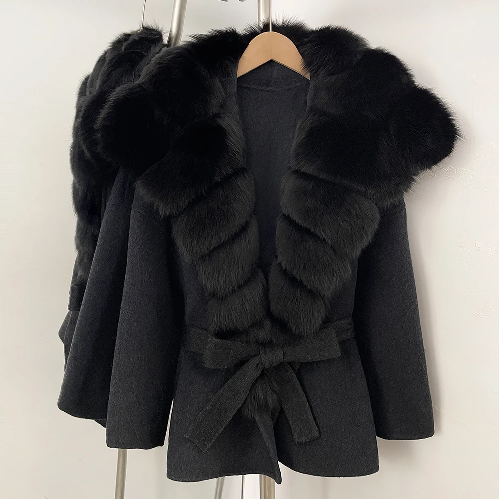 OFTBUY Modische Lässige Neue Herbst-Winter-Wollkleidung für Damen, Gürtel, Echter Fuchspelz, Wolljacke, Warmer Natürlicher Pelz-Wollmantel für Damen – Detail 18