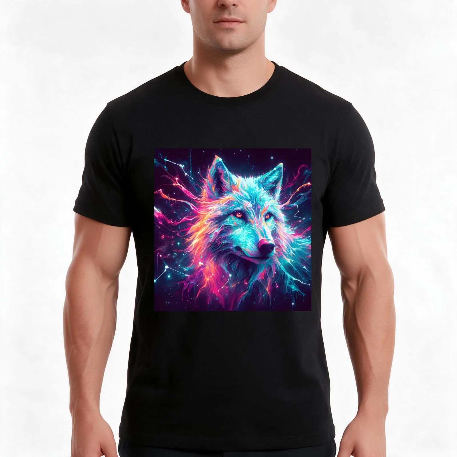 Starry Wolf T-Shirt, Summer Casual Cotton Tee, Oversized Streetwear Tops, Vintage Graphic Print, Loose Fit Short Sleeve