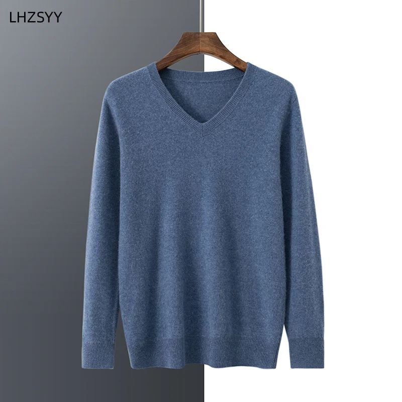 LHZSYY jesienno-zimowy 100% sweter z czystego kaszmiru męski sweter z dekoltem w serek wysokiej klasy topy w dużych rozmiarach młodzieżowy biznes na co dzień ciepła koszula