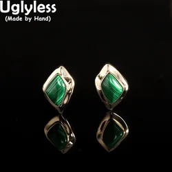 Uglyless Irregular Square Studs Earrings Women Natural Malachite Earrings Rhombus Fashion Jewelry Gold Plated 925 Silver Brincos