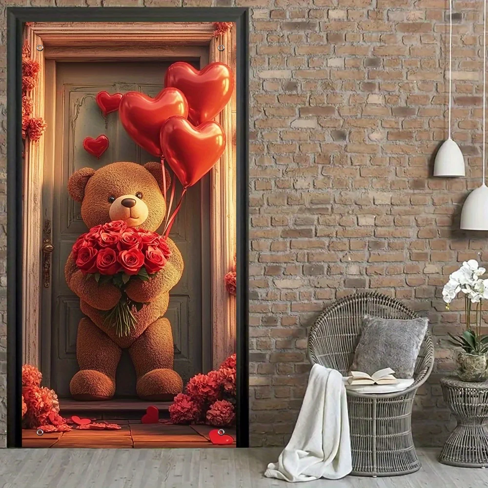 valentine day Docoration door banner bear red roses Festive Outdoor Indoor Decor Front Porch Cover for Patio Garden Entryway