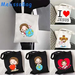 Cartoon Jesus Christ Floral Cross Love Faith Cute Christian Bible credenza regali borsa a tracolla in tela Harajuku Shopper Handbag