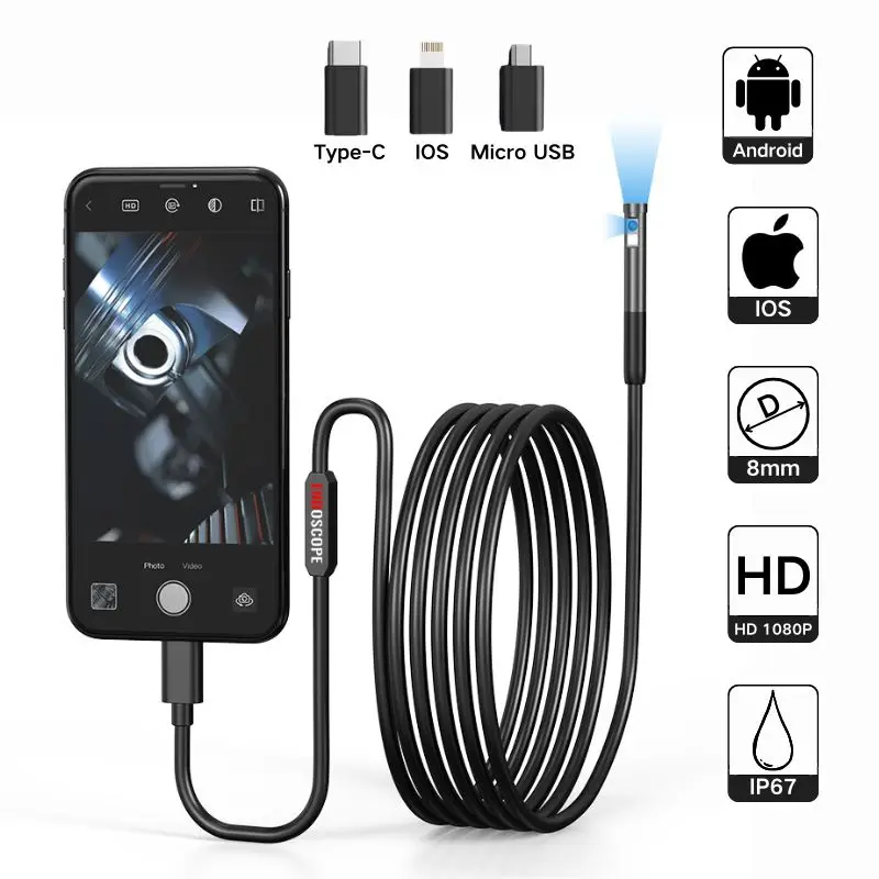 2MP Single/Dual Lens 8.0mm Endoscope Camera Android Micro Car Sewer Inspection Borescope Camera for Smartphones Type-C and IOS