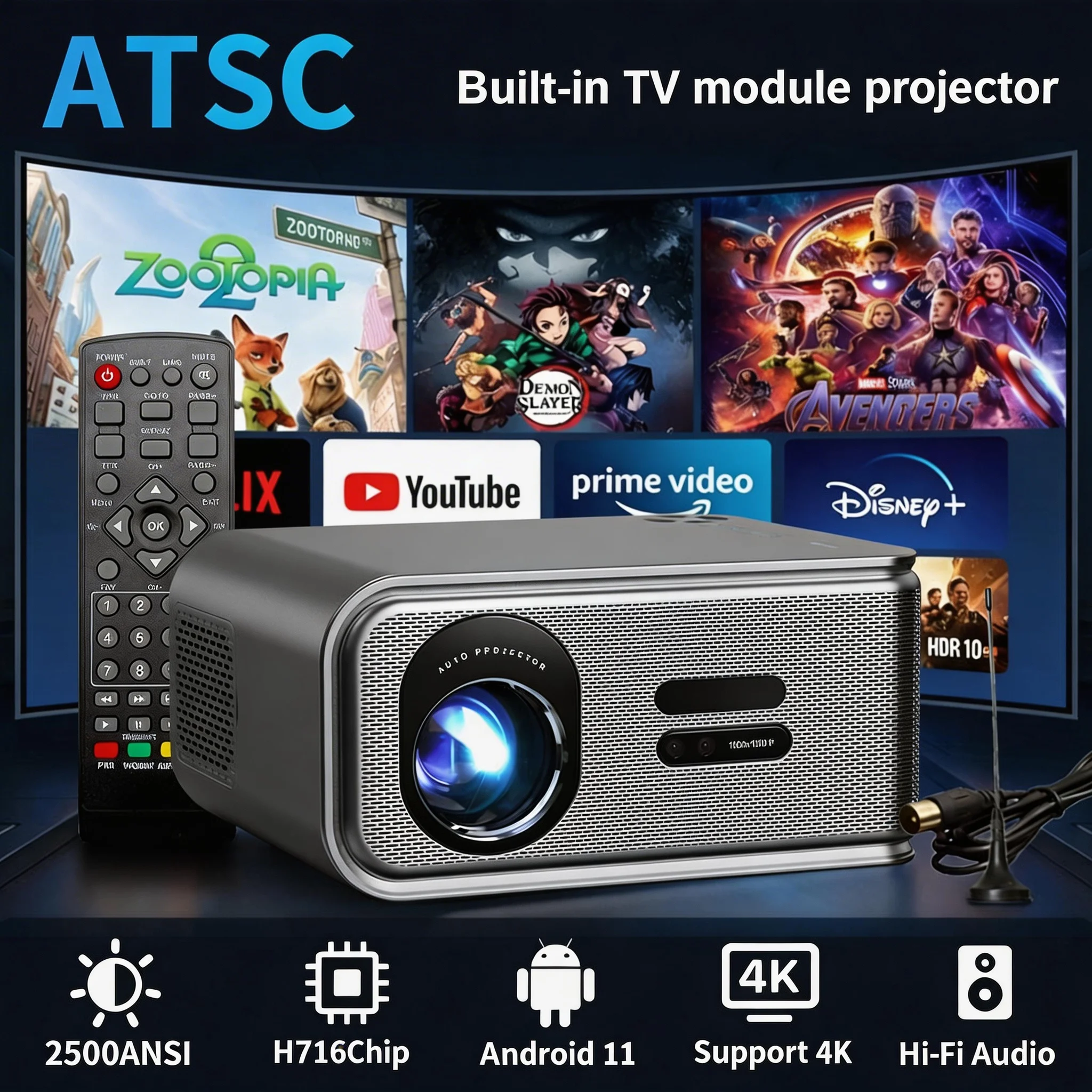 

4K-проектор 2500 ANSI люмен, Full HD 1920*1080P, HDR10+, Google Play, WiFi6, HiFi-динамик, BT5.4, с поддержкой DVB-T2/ATSC/IDSB-T для бесплатного цифрового ТВ