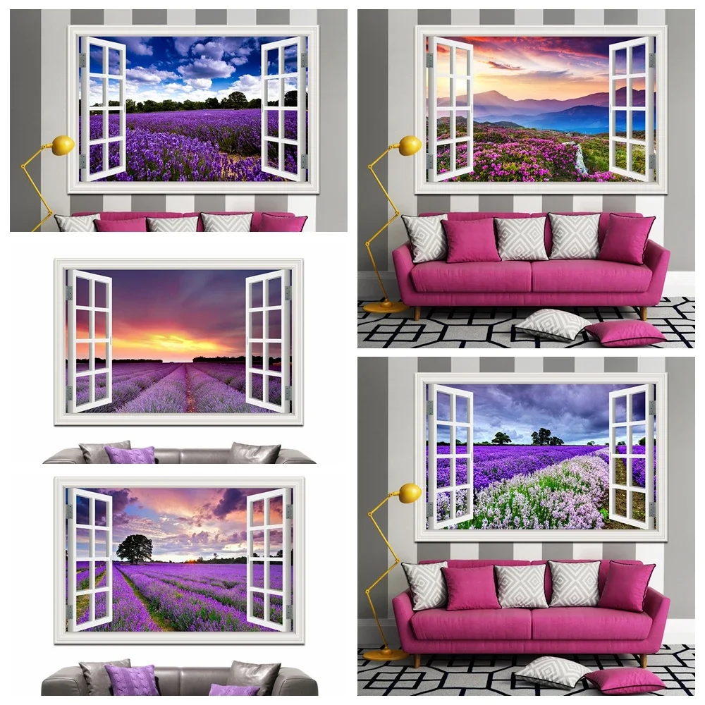 

3D Wall Stickers Lavender Field Decal Self-adhesive Window View Purple Flower Plant Wallpaper For Living Room Home Decor