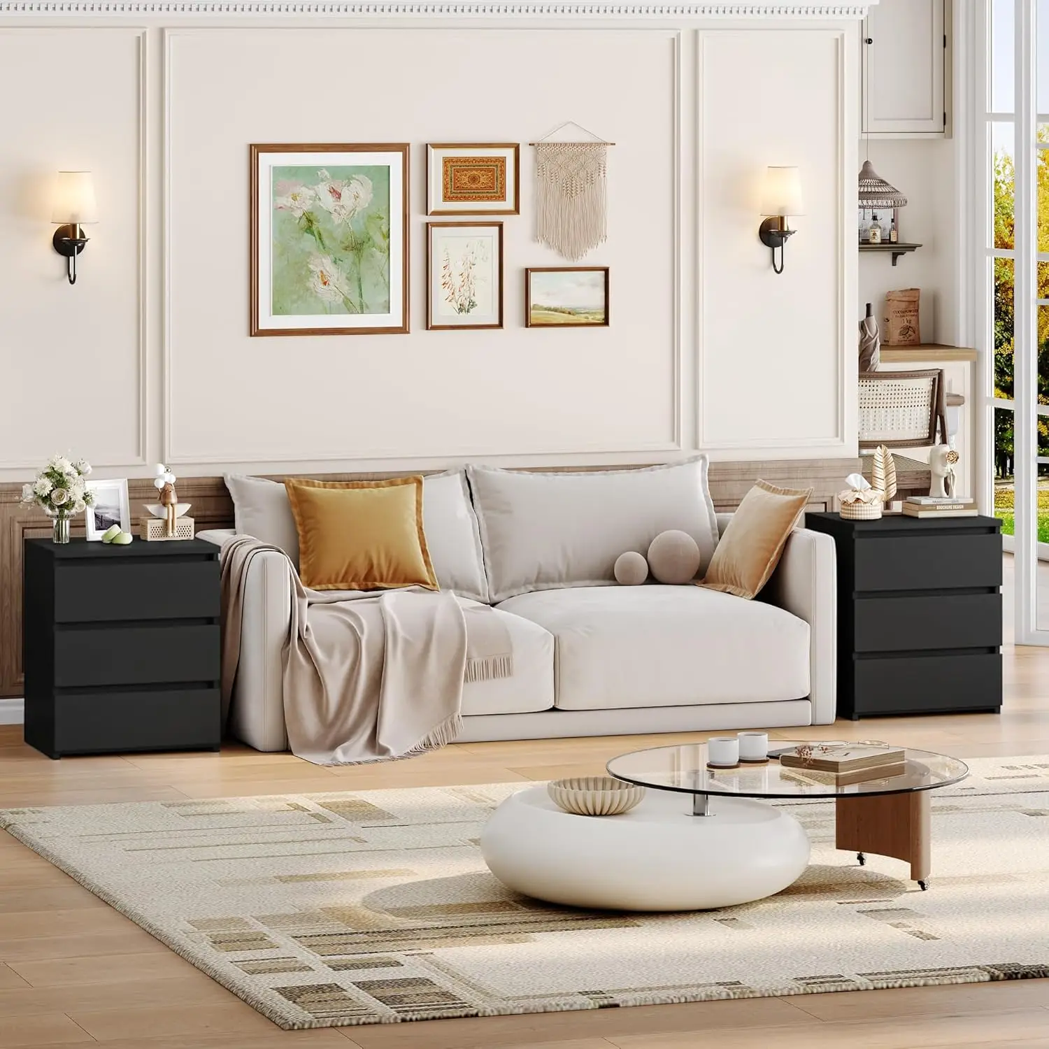 FOTOSOK Mesa de cabeceira preta com 3 gavetas, mesa de cabeceira preta para quarto com alça cortada, mesa lateral do sofá