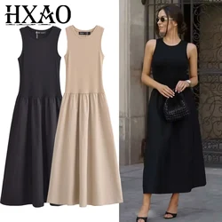 HXAO Womens Dresses Sleeveless Black Long Dress Bodycon Solid Knitted Dresses 2025 Woman Summer One Pieces Casual Midi Dresses