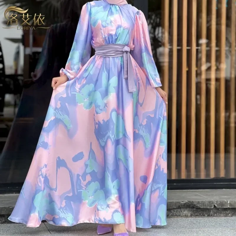 Eid Muslim Dress for Women Sweet Print Jalabiya Abaya Satin Caftan Party Dresses Ramadan Abayas Kaftan Dubai Arab Long Robe 2024