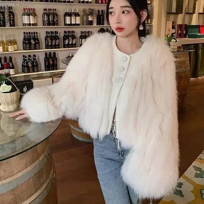 

Корейская мода Элегантные укороченные пальто из искусственного меха Женская мода Шикарная теплая короткая меховая куртка с круглым вырезом Женские пушистые парки из искусственного лисьего меха
