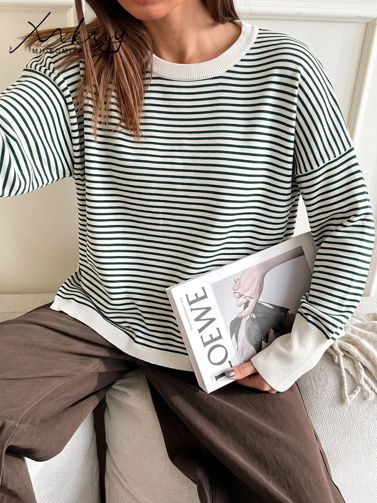MiuKoMiYa Oversized Striped Sweater Women Green Autumn Loose Pullovers Jumpers For Ladies Winter Knitted Tops Chic Warm Sweaters