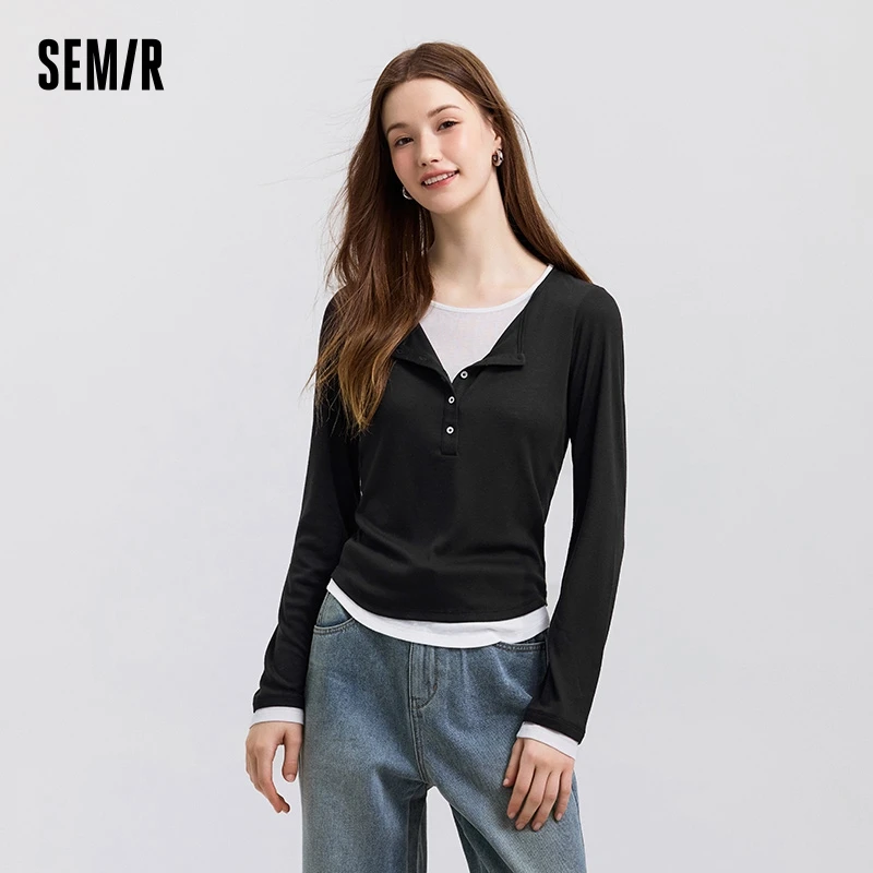 Semir Long Sleeve T-Shirt Women Short Skinny Slimming Simple 2025 Spring New Faux Two-piece Contrast Color Bottoming Shirt image 2