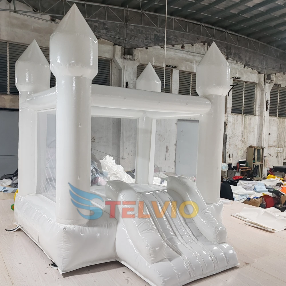 Pretty mini white wedding bounce house with slide indoor outdoor PVC white inflatable castle bounce house jumping