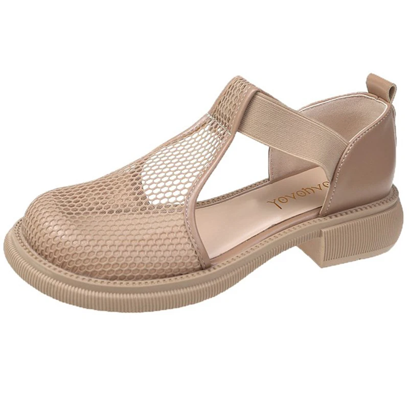 Comfort Shoes for Women All-Match Sandals Elastic Band 2022 Summer Breathable Block Heels Med Suit Female Beige Slip-on New Spri