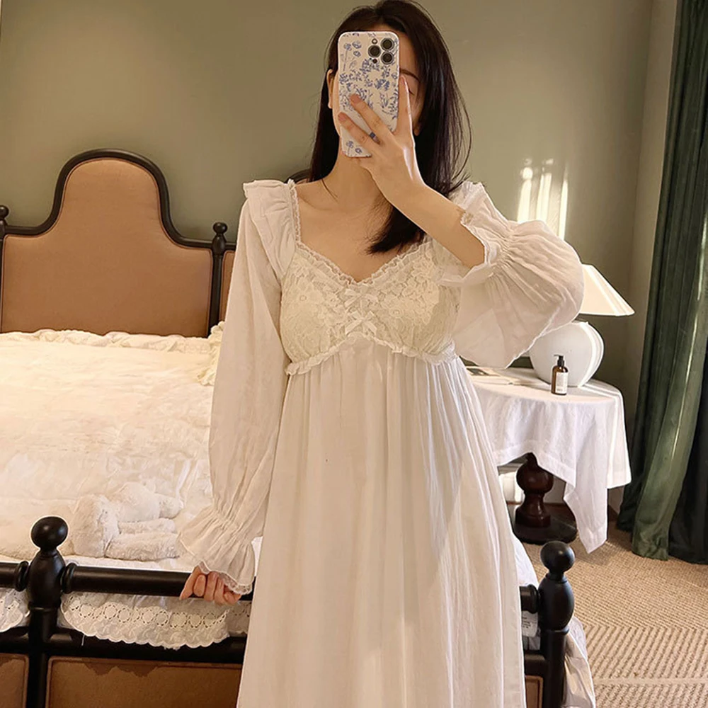 Women Princess Beautiful Nightdress Double Layers Cotton Gauze Long Sleeve With Breast Cushion Sweet Nightgown Robe Dress Lounge