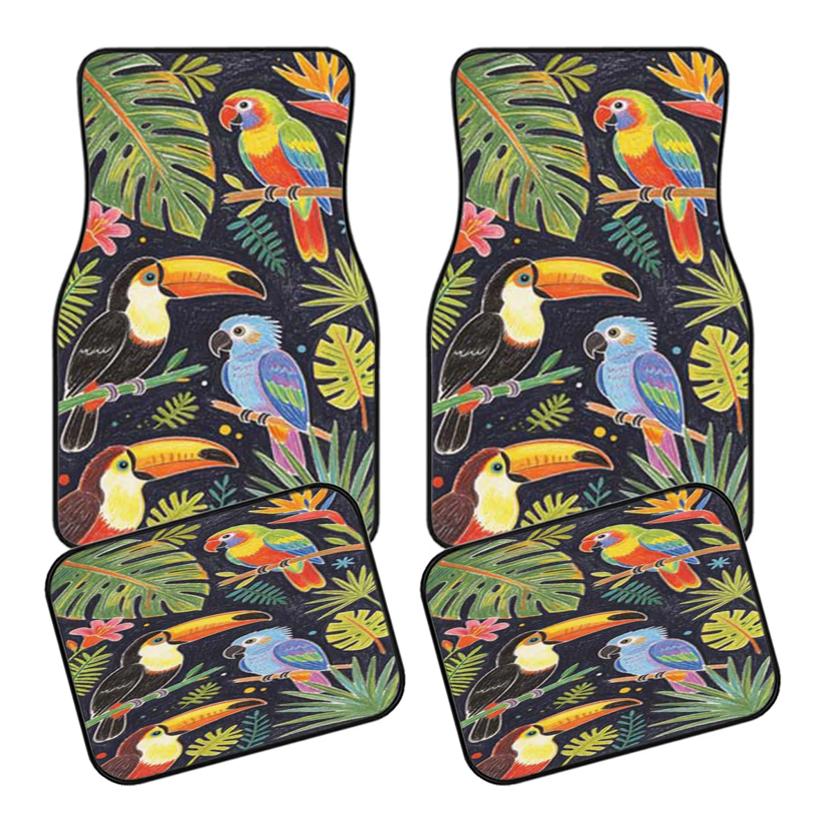 5pcs Car Floor Mats & Trunk Liner Suitable For Cars, Trucks, SUVs - Tropical Rainforest Themed With Parrots, Toucans & Green Pat