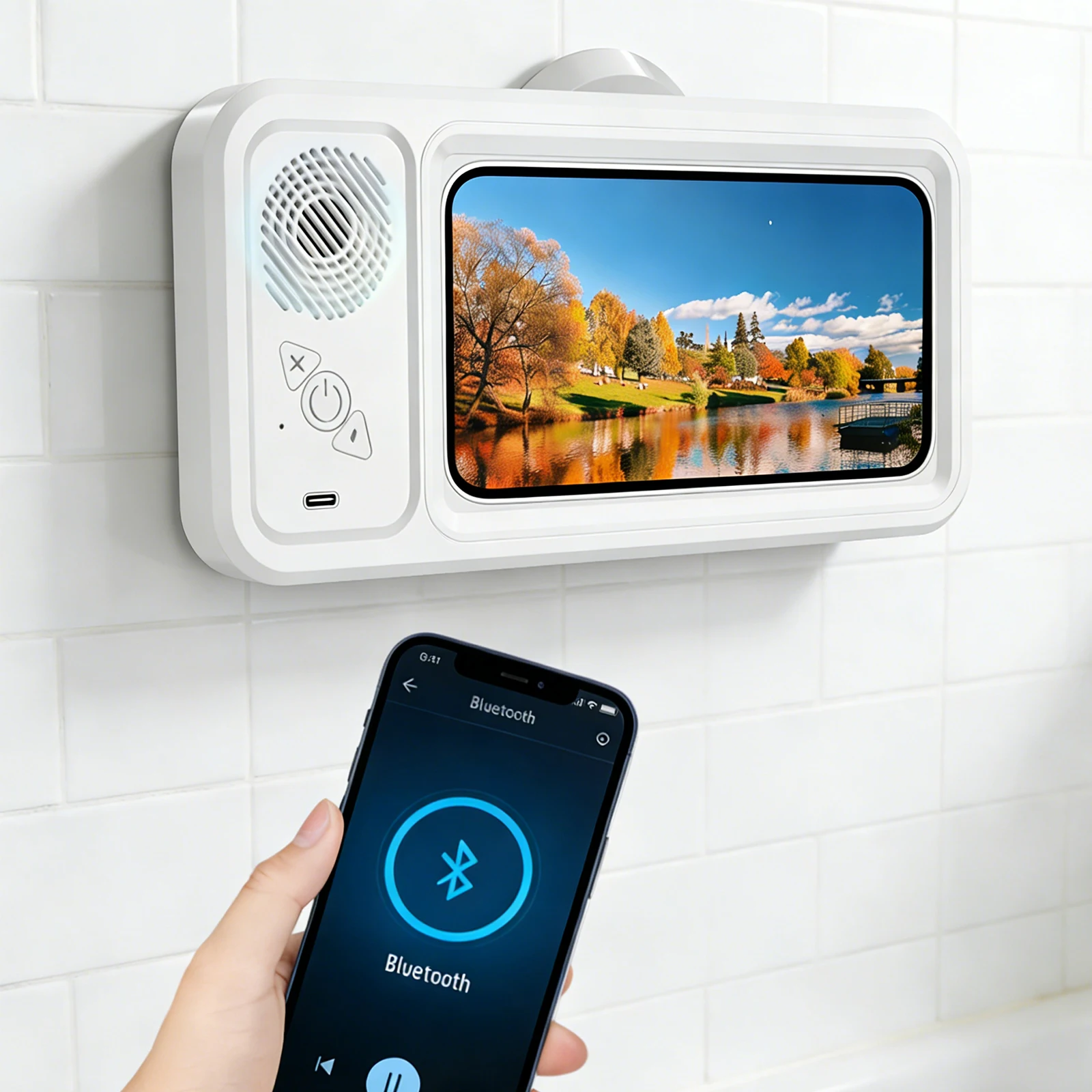 

Водонепроницаемый держатель для телефона в душе с четким звуком и разрешением 480 ° Настенный держатель для телефона с Bluetooth-колонкой для ванной комнаты, подходит для любого телефона