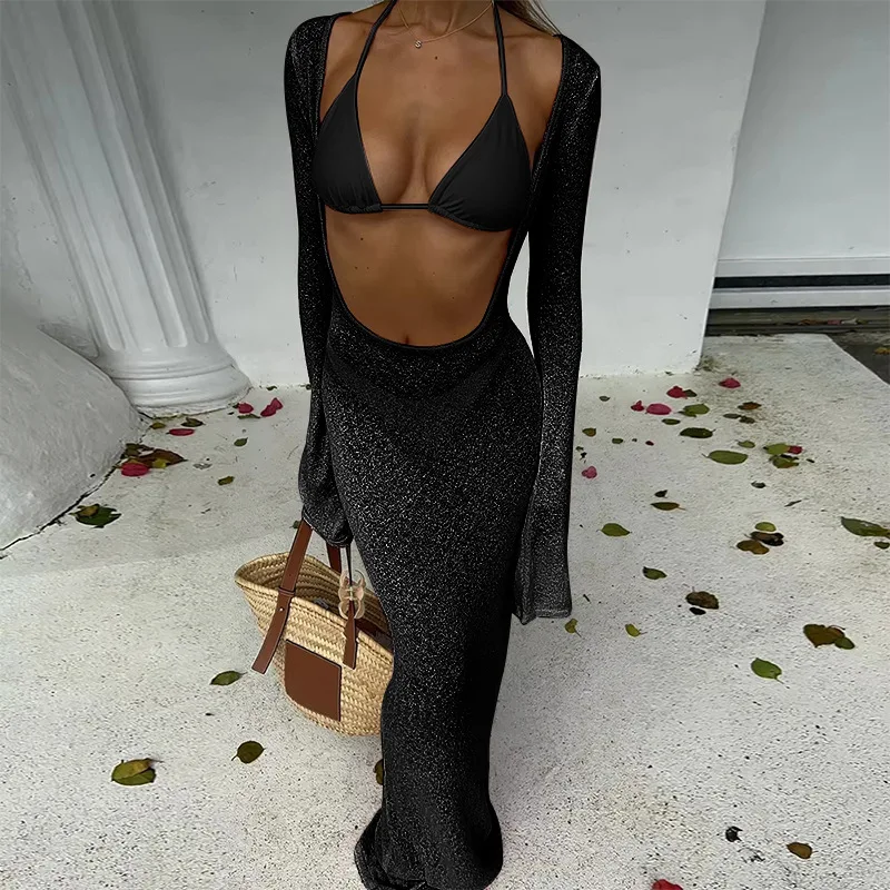 2025, neues glamouröses hellblaues Bikinioberteil und -Unterteil mit fließendem Überzug, perfekt für Strandbekleidung und Poolpartys, Sommerausflüge