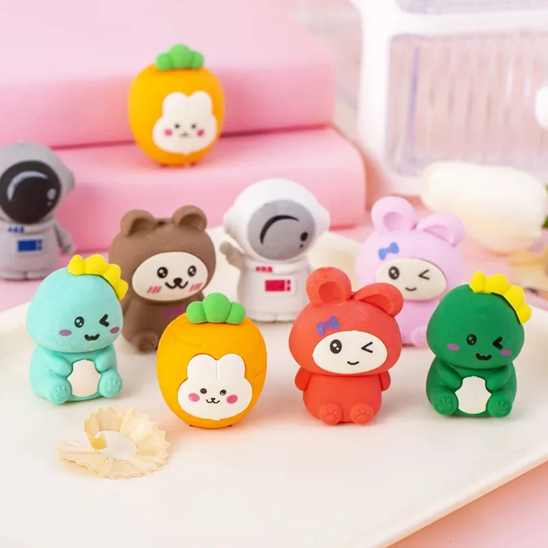 Cute Cartoon Pencil Rubber With Pencil Sharpener Kawaii Bear Rabbit Dinosaur Astronaut Pencil Erasers for Kids School Stationery