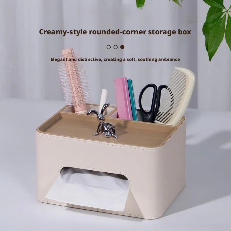Multi-compartment PU Leather Tissue Box, Remote Control Pen Storage Organizer Napkin Holder for Sofa Desktop Home Decor