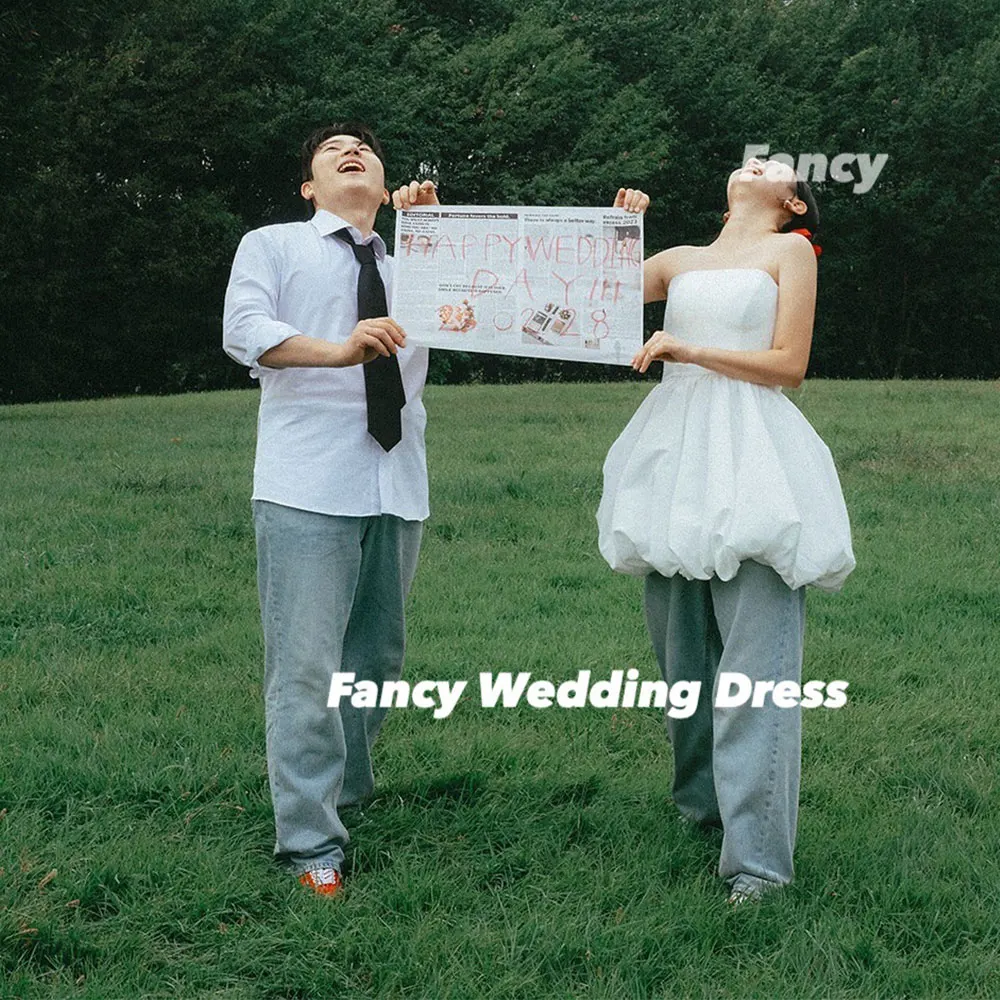 

Fancy Simple Strapless Korea Wedding Dress Mini Short Taffeta Bridal Gown Back Corset Sleeveless Formal Dresses Customized