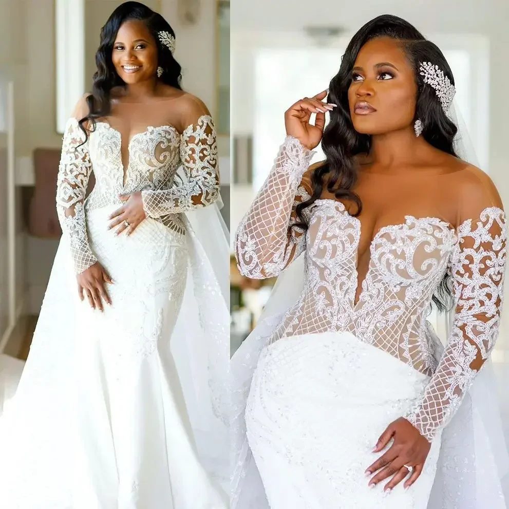 Customized Sexy Mermaid Wedding Dresses With Overskirts Illusion  Long Sleeves Lace Appliques Plus Size Country Bridal Gown