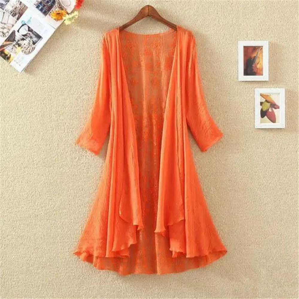 Women Chiffon Tunic Kimono Cardigan Lace Long Shirt Ruffles Hollow Out Loose Ladies Cardigans Spring Summer Shirts Female V1557