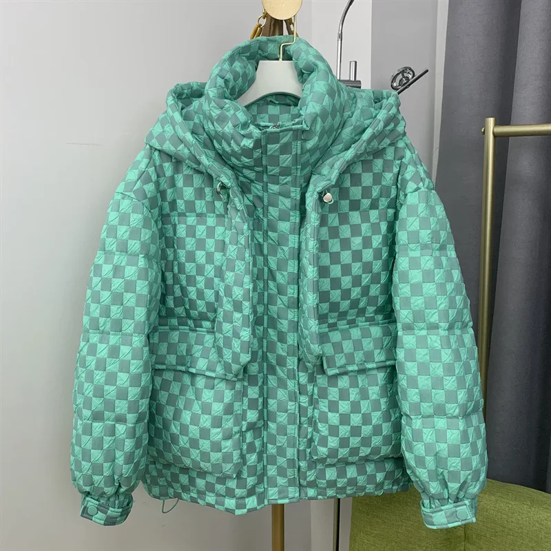 

2022 Winter Korean Loose Short Down Lacket Women's Hooded Thickened Plaid All-Match Fashion White Duck Down Jacket s426