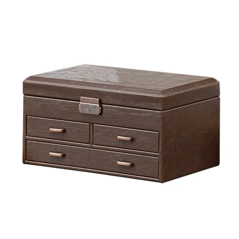 Grid layered jewelry storage box, brown leather with makeup mirror, bronze hardware 90-degree opening and closing jewelry