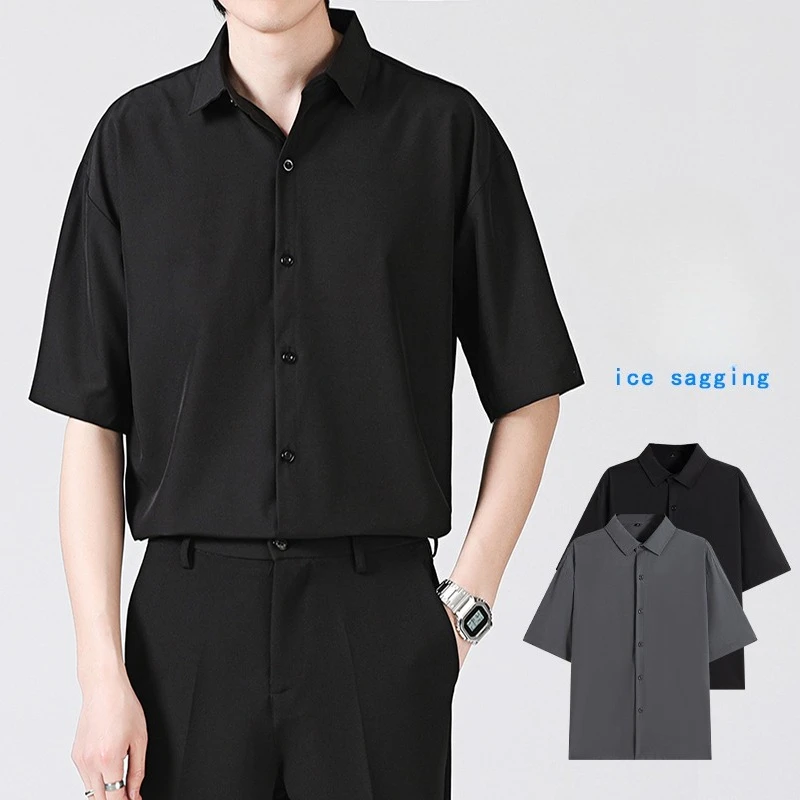 

Summer Thin Men Short Sleeve Shirt Man Ice Silk Loose Style Shirt Male Fashion Casual Lapel Button-down Shirt Business Men's Top