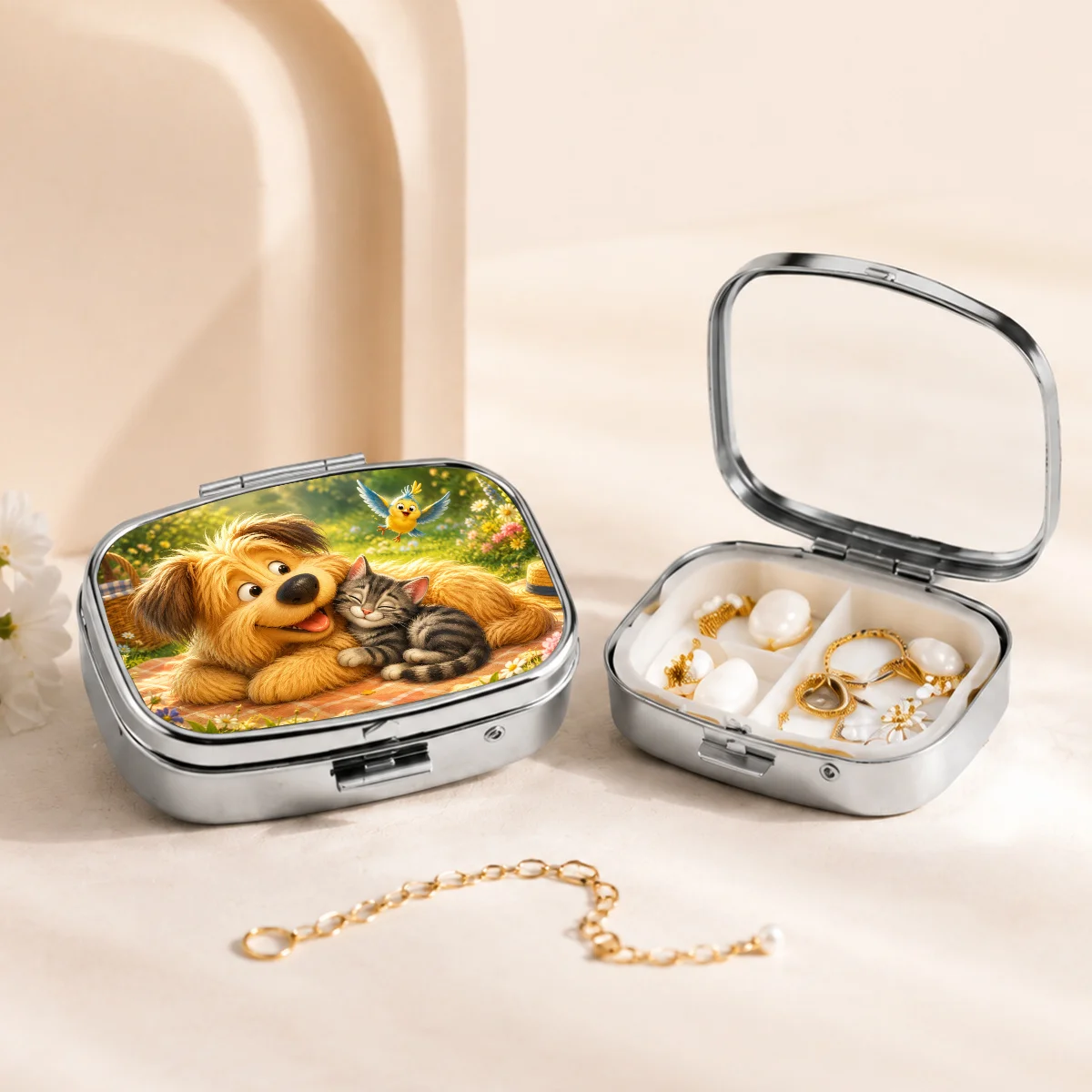 Medicine Box with Warm Garden and Animal Patterns, Portable Safety Box for Small Items, Artistic Compartmentalized Storage for Small Particles, Durable and Aesthetically Pleasing, a Must-Have Personal Pill Organizer.