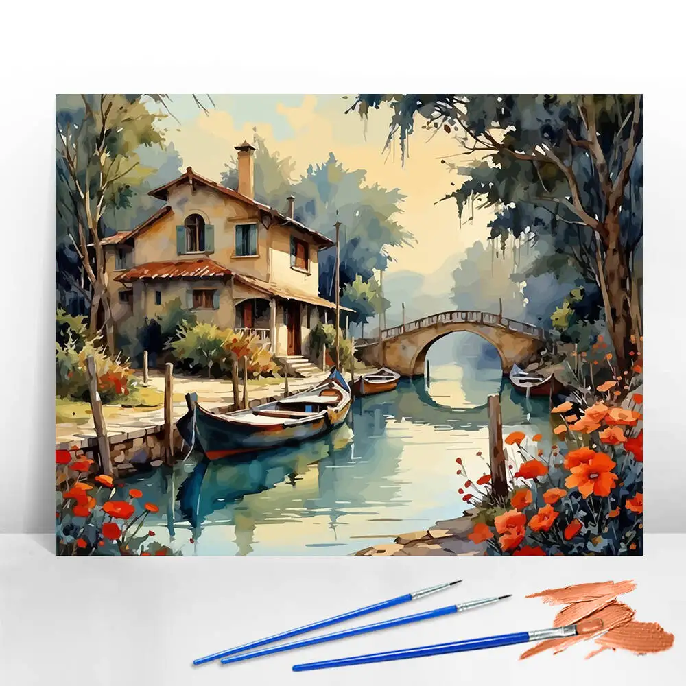 Ölgemälde nach Zahlen, Berglandschaft, DIY, digitale Malerei, Haus, Baum, Landschaft, Bild, Kunsthandwerk auf Leinwand, handgemaltes Geschenk