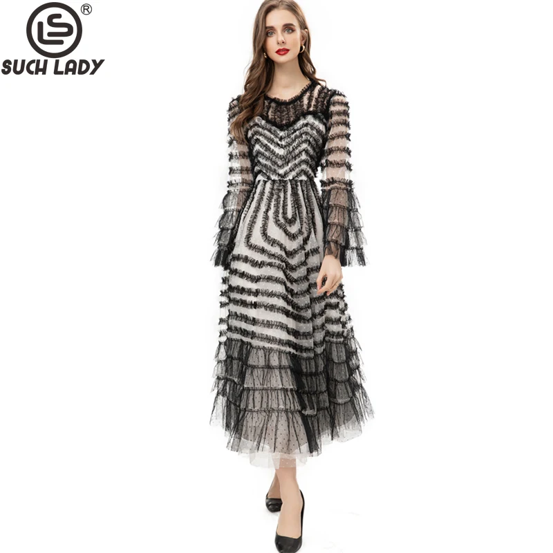 

Women's Runway Dresses O Neck Long Flare Sleeves Tiered Ruffles Layered Elegant Designer Party Prom Evening Gown