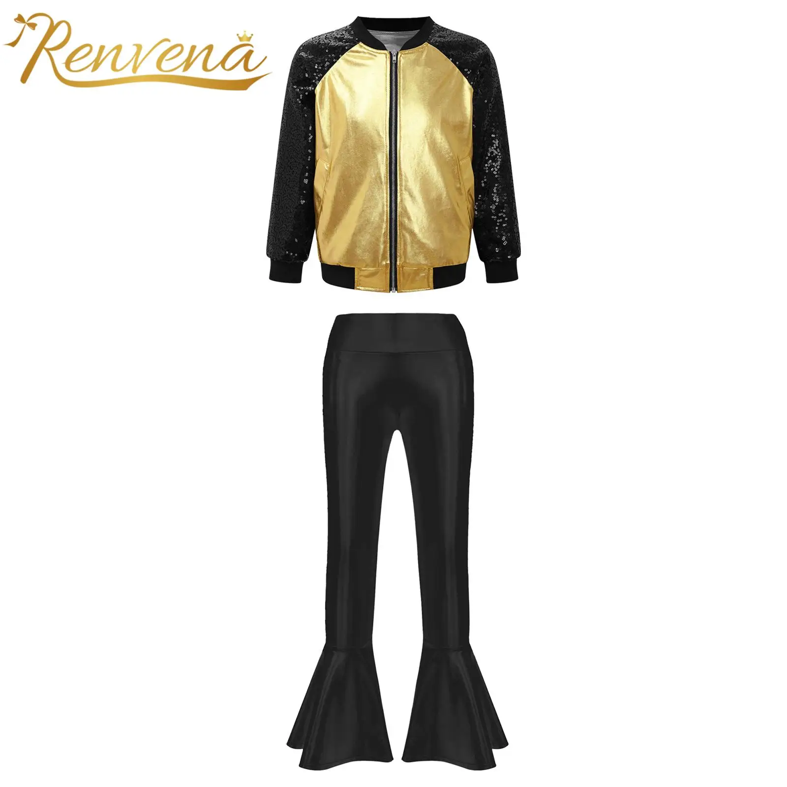 

Kids Girls Metallic Jazz Dance Costumes Outfits Shiny Sequin Long Sleeve Jacket Bell-bottoms Pants Sets for Dancing Competition