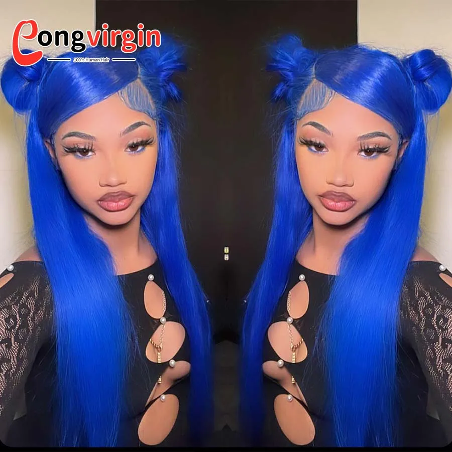 Human hair black and blue bang factory wig